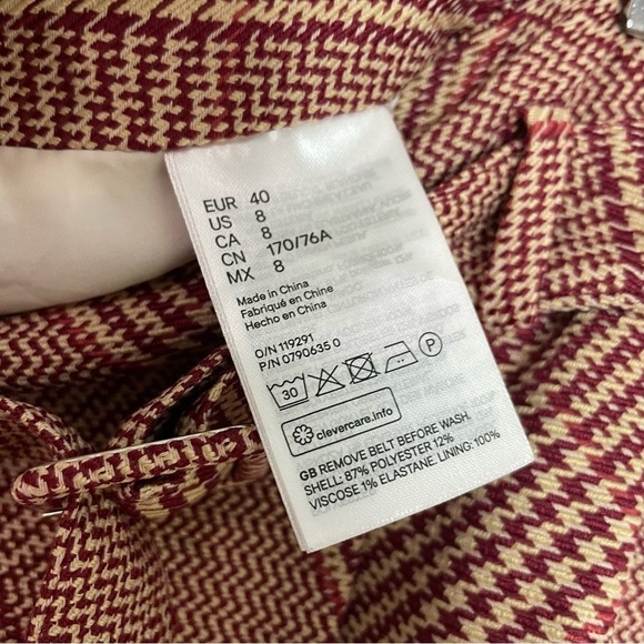 [H&M[ Red & Tan Houndstooth Print Academic Belted Faux Wrap Mini Skirt - Picture 7 of 10